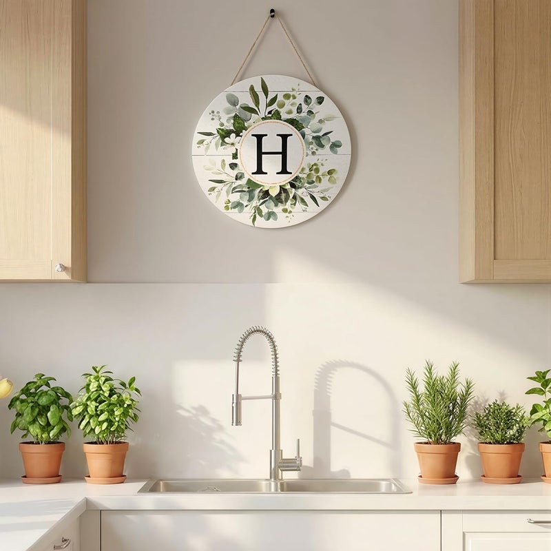 Sm:)e Smile Monogram Letter H Wreaths Wooden Welcome Sign, Family Last Name Initial Front Door Wall Decoration, Floral Spring Summer Porch Rustic Home Kitchen Decor - Image 4