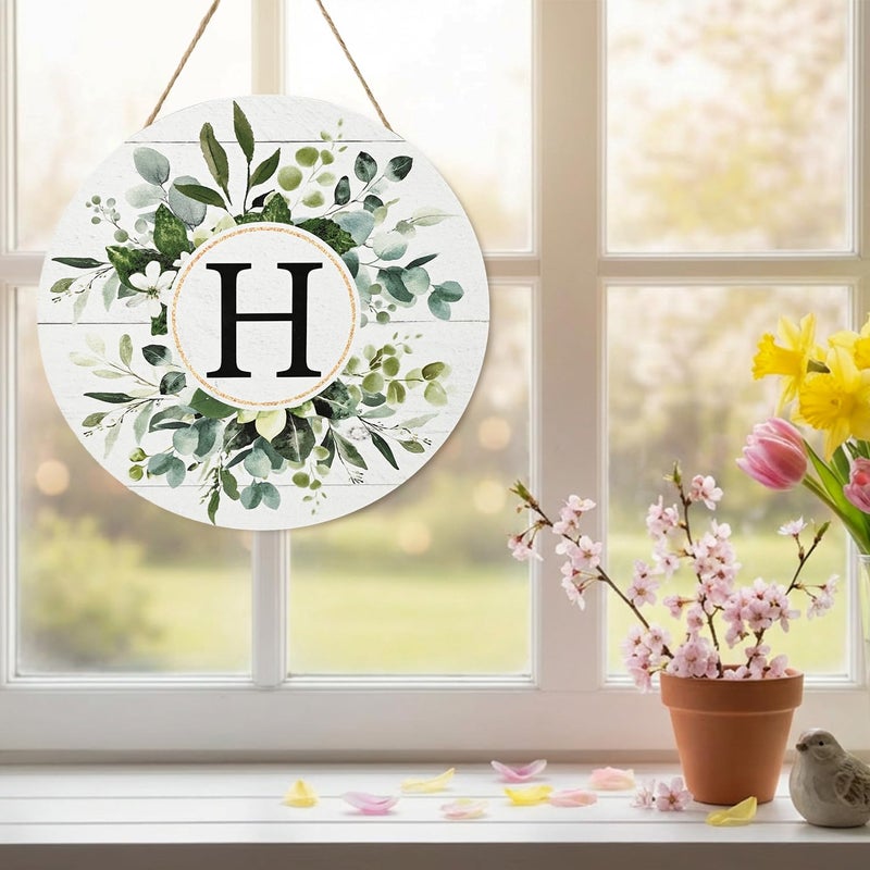 Sm:)e Smile Monogram Letter H Wreaths Wooden Welcome Sign, Family Last Name Initial Front Door Wall Decoration, Floral Spring Summer Porch Rustic Home Kitchen Decor - Image 5