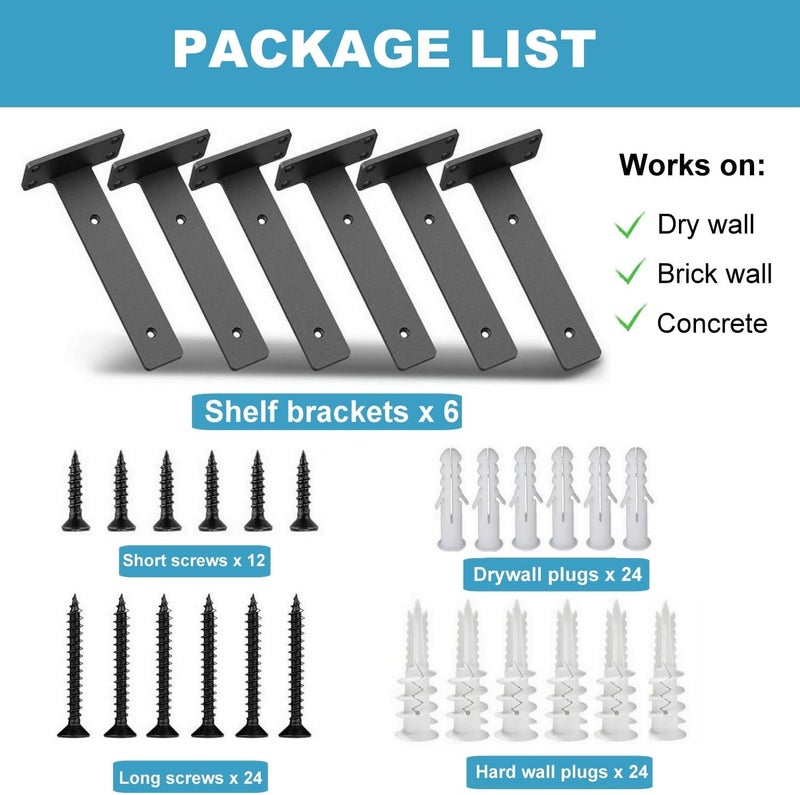 BLYPHOO Shelf Bracket Heavy Duty Metal L-shaped Brackets for Shelf Support 6 Pcs: BLYPHOO® Floating Shelf w/ Screws – Upgraded Hidden Shelf Bracket- Industrial Wall Brackets for Shelves (8inch) - Image 3