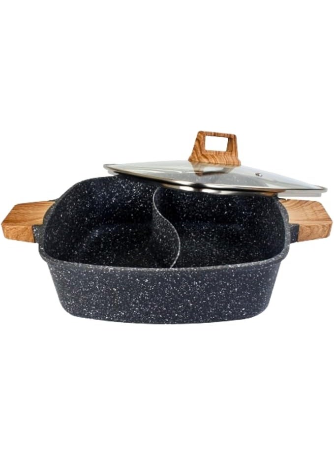 Luxury 5L Square Marble Double Boiling Non-Stick Aluminum Alloy Casserole with Bakelite Handle and Tempered Glass Lid with Double Layer Design for Even Heat Distribution 29cm Diameter x 8.5cm Height - Image 1