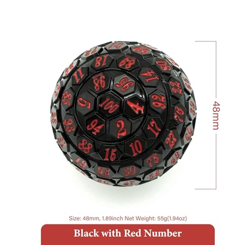 Poludie 100 Sided Polyhedral Dice Single D100 Game Dice 100 Sided Cube with Black Pouch D100 die 48 mm Black with Red Number - Image 5
