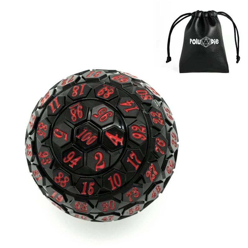 Poludie 100 Sided Polyhedral Dice Single D100 Game Dice 100 Sided Cube with Black Pouch D100 die 48 mm Black with Red Number - Image 4