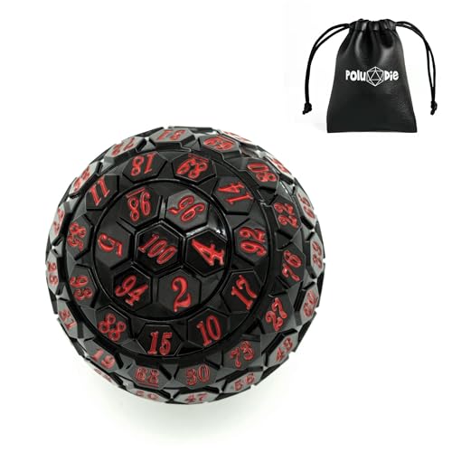 Poludie 100 Sided Polyhedral Dice Single D100 Game Dice 100 Sided Cube with Black Pouch D100 die 48 mm Black with Red Number - Image 1