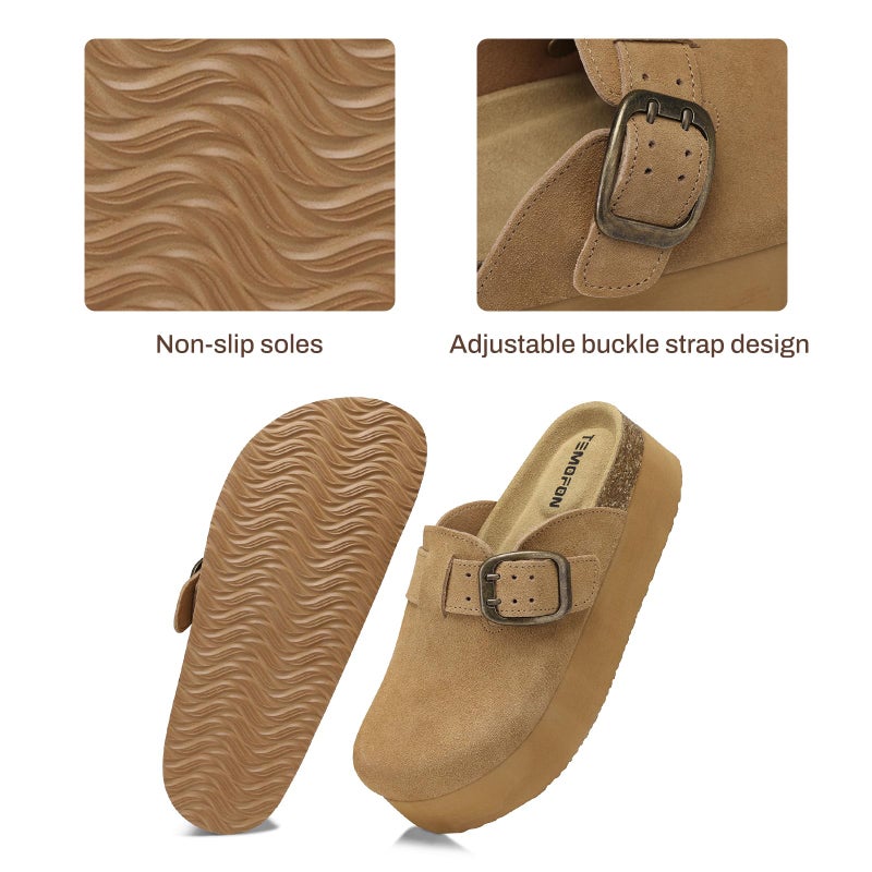 TEMOFON Genuine Suede Clogs for Women: Comfortable Leather Platform Mules & Clogs for Women Footwear - Cork Footbed Closed Toe Sandals Potato Shoes Light Brown Size 8.5 - Image 5