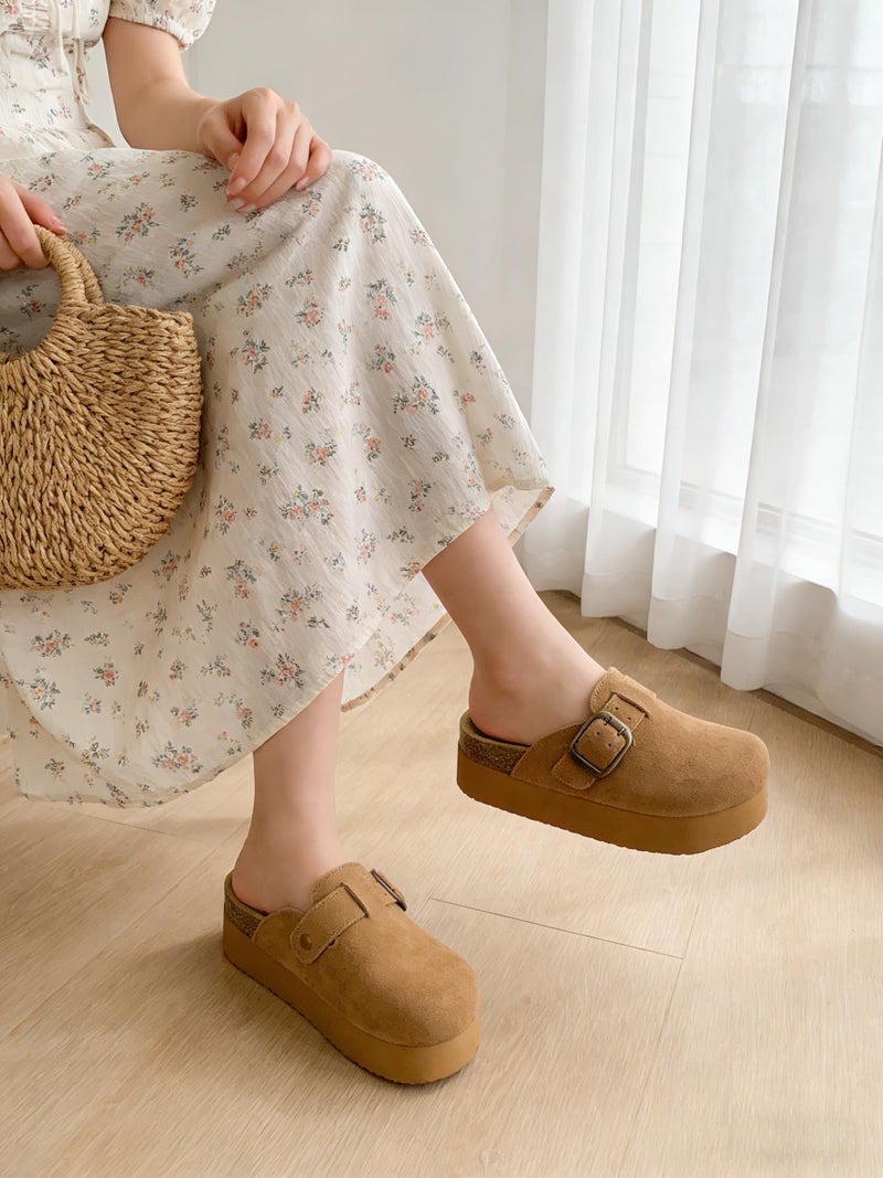 TEMOFON Genuine Suede Clogs for Women: Comfortable Leather Platform Mules & Clogs for Women Footwear - Cork Footbed Closed Toe Sandals Potato Shoes Light Brown Size 8.5 - Image 3