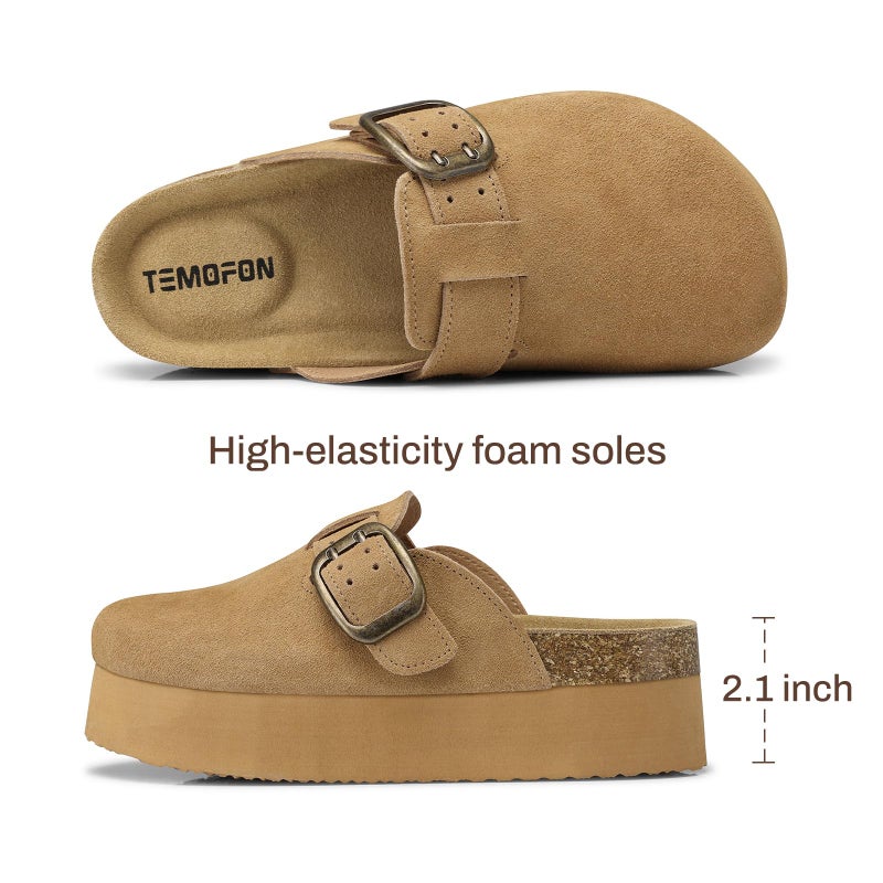 TEMOFON Genuine Suede Clogs for Women: Comfortable Leather Platform Mules & Clogs for Women Footwear - Cork Footbed Closed Toe Sandals Potato Shoes Light Brown Size 8.5 - Image 4