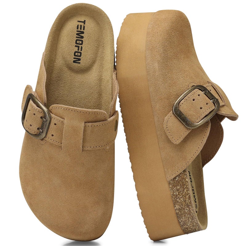 TEMOFON Genuine Suede Clogs for Women: Comfortable Leather Platform Mules & Clogs for Women Footwear - Cork Footbed Closed Toe Sandals Potato Shoes Light Brown Size 8.5 - Image 1