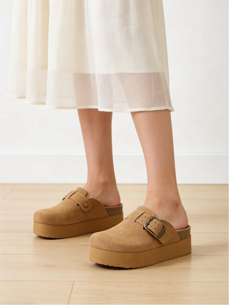 TEMOFON Genuine Suede Clogs for Women: Comfortable Leather Platform Mules & Clogs for Women Footwear - Cork Footbed Closed Toe Sandals Potato Shoes Light Brown Size 8.5 - Image 2