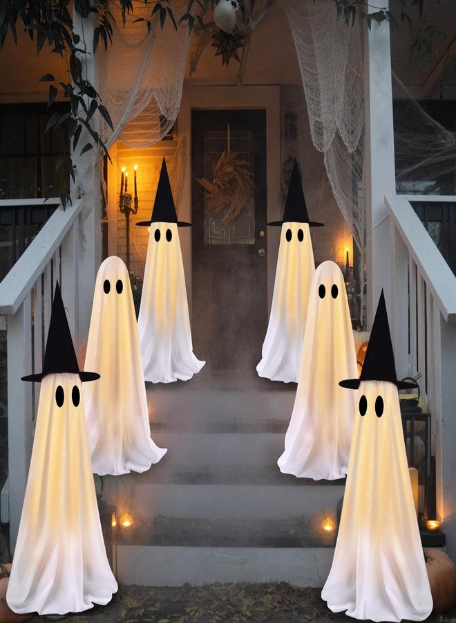 DULEFUN 6 Packs Halloween Ghosts Outdoor Decorations, Light Up Spooky Ghost with Hat for Halloween Party Favors Lighted Stakes for Yard Garden Grass Lawn Patio Pathway Outside Decor - Image 1