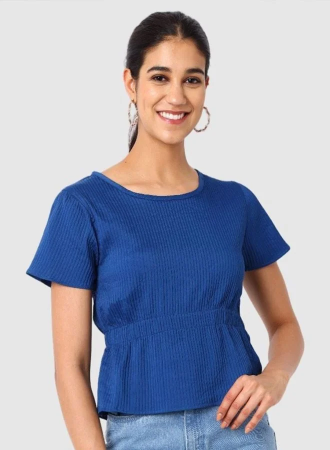 مرفوعة Women Fit and Flared Textured Round Neck Short Sleeve Peplum Top