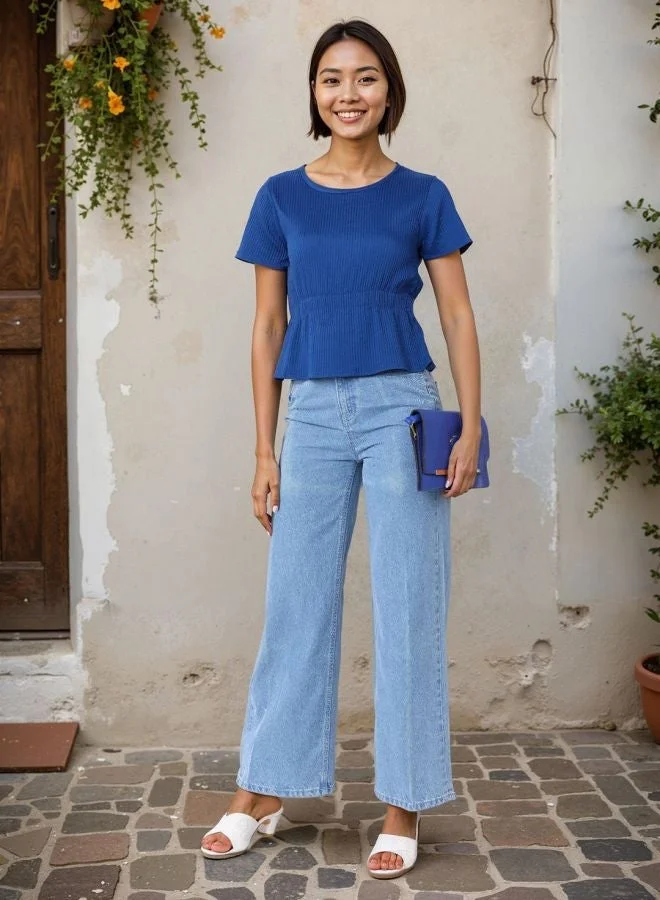 مرفوعة Women Fit and Flared Textured Round Neck Short Sleeve Peplum Top