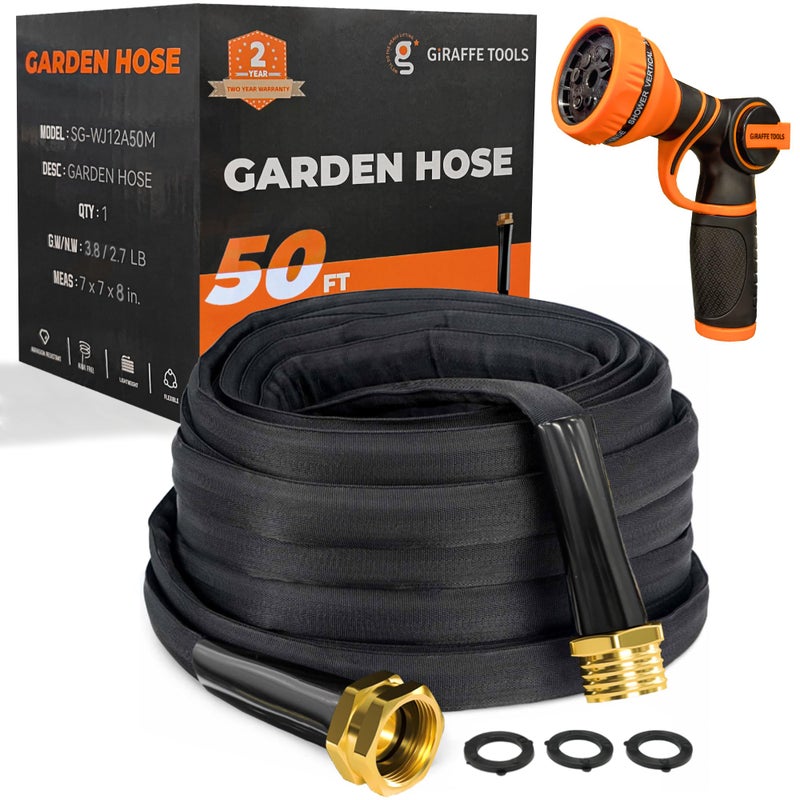 Giraffe Tools Garden Hose 50FT Lightweight Lay Flat Water Hose Kink Free Flexible Hose with 9 Spray Function Nozzleï¼ˆBlackï¼‰ - Image 1