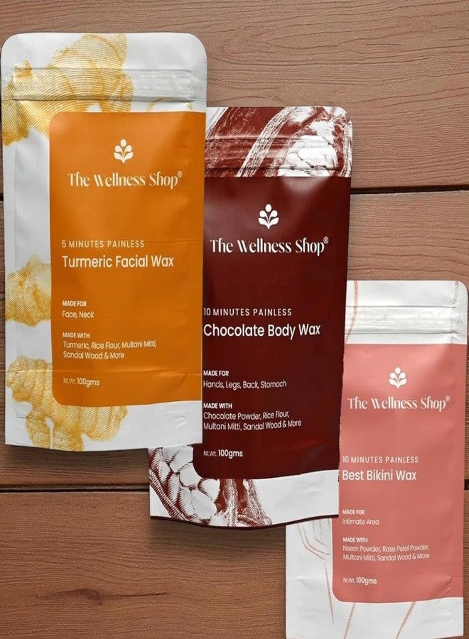 The Wellness Shop مجموعة ذا ويلنس شوب - شمع الوجه بالكركم، شمع الجسم بالشوكولاتة، وشمع منطقة البكيني (كل عبوة 100 غرام) - مجموعة إزالة الشعر والعناية بالبشرة للنساء - مجموعة تفتيح وتغذية وإشراقة احتفالية - Image 1