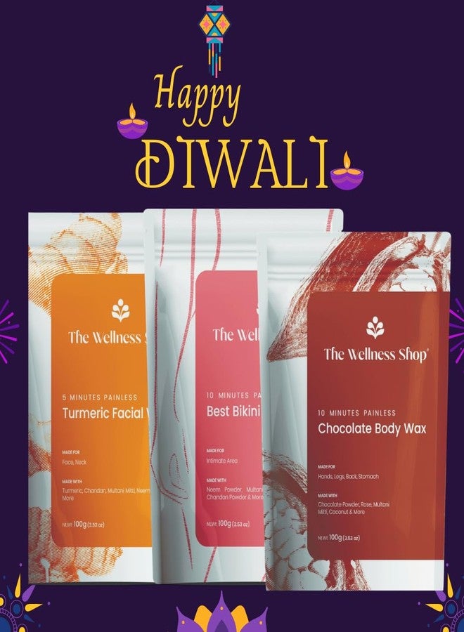 The Wellness Shop مجموعة ذا ويلنس شوب - شمع الوجه بالكركم، شمع الجسم بالشوكولاتة، وشمع منطقة البكيني (كل عبوة 100 غرام) - مجموعة إزالة الشعر والعناية بالبشرة للنساء - مجموعة تفتيح وتغذية وإشراقة احتفالية - Image 2