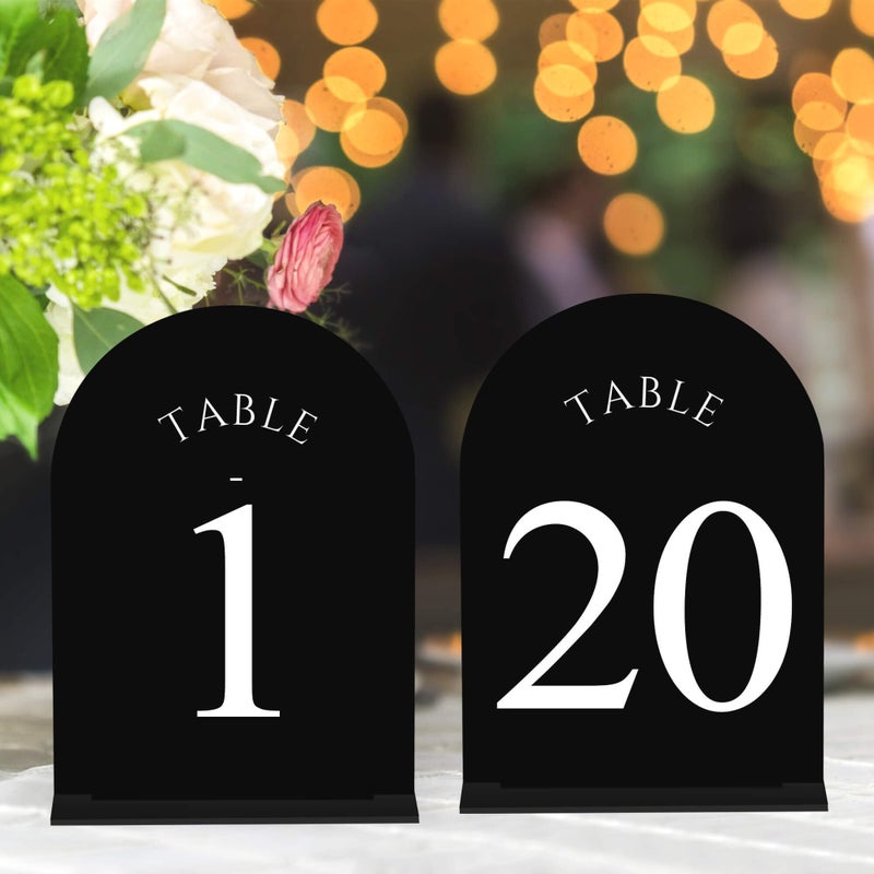 JOYIT Arch Wedding Table Numbers 1-20 with Stands â€“ Double-Sided Printed 5" X 7" Acrylic Table Signs with Black Background White Text, Perfect Acrylic Table Numbers for Wedding Receptions, Parties, Anniversaries, and Events - Image 1