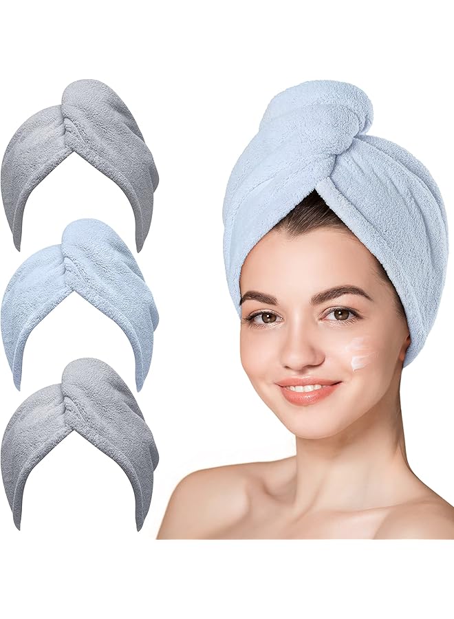 The Bros Microfiber Hair Towel, 3 Packs Hair Turbans for Wet Hair, Drying Hair Wrap Towels for Curly Hair Women Anti Frizz(Grey,Blue,Grey) - Image 1