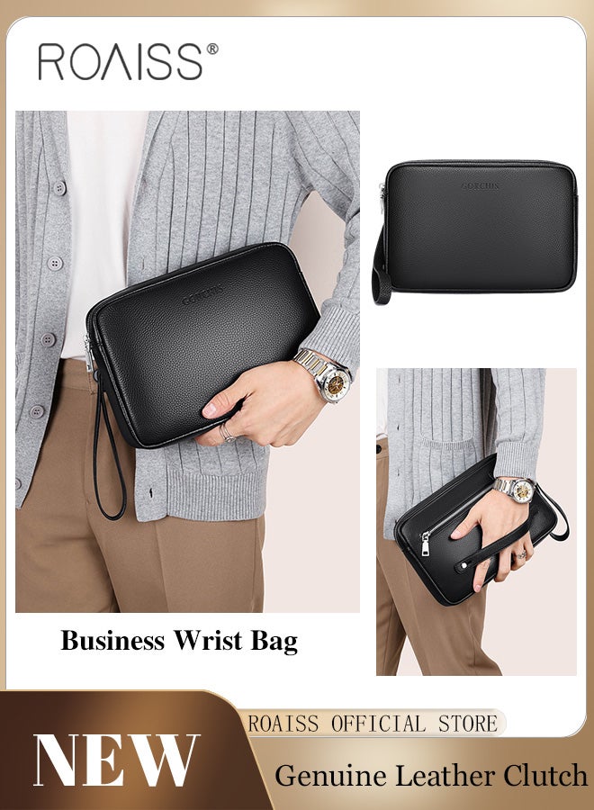roaiss Men's Business Casual Genuine Leather Clutch Men Large Capacity Soft Cowhide High-End Bag with Handle - Image 1