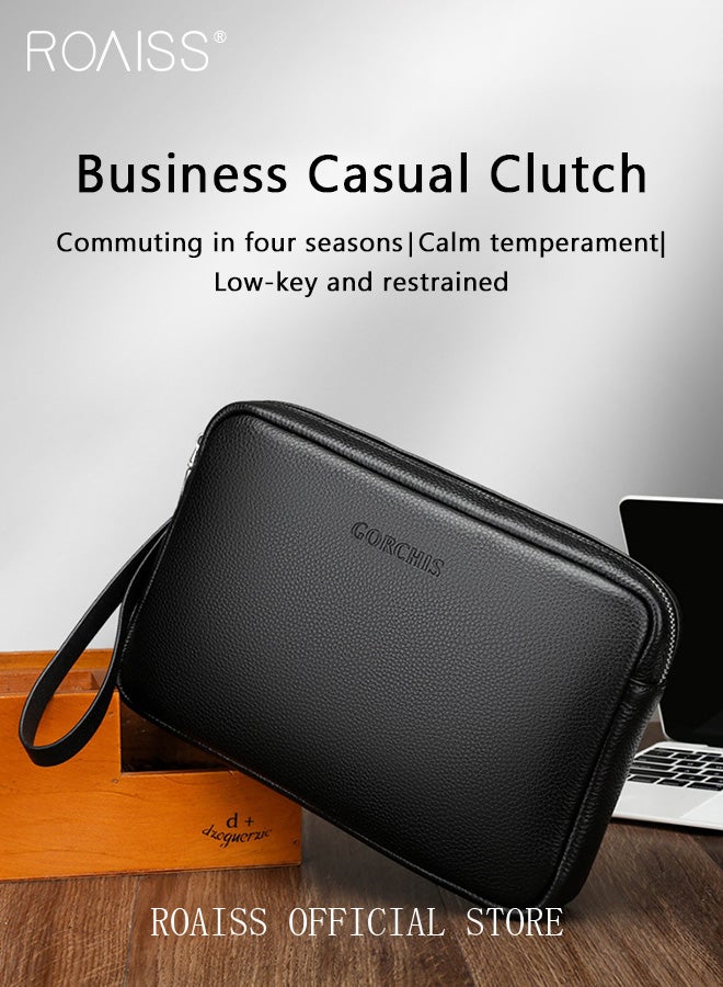 roaiss Men's Business Casual Genuine Leather Clutch Men Large Capacity Soft Cowhide High-End Bag with Handle - Image 2