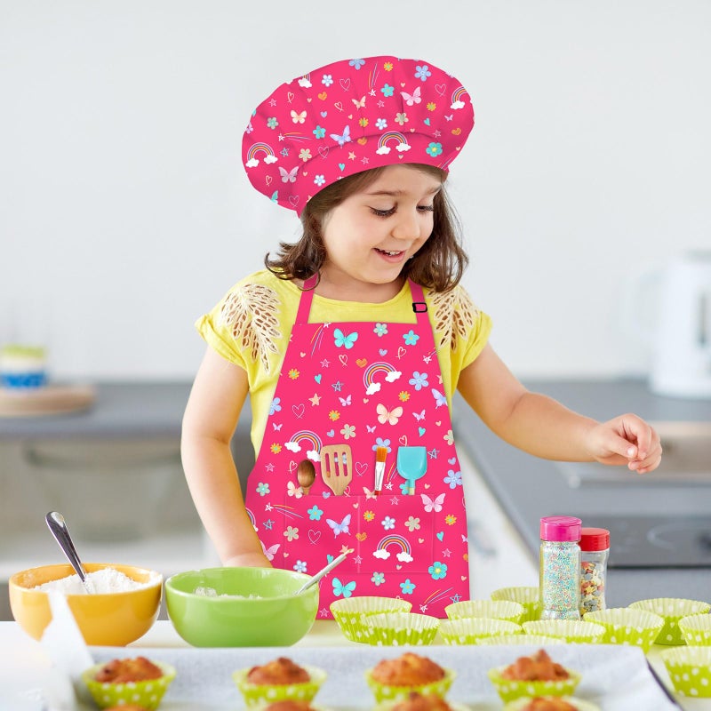DEABOLAR Kids Chef Hat and Apron, Adjustable Kids Aprons with Pocket Girls Boys Kitchen Toddler Aprons for Cooking Baking - Image 2