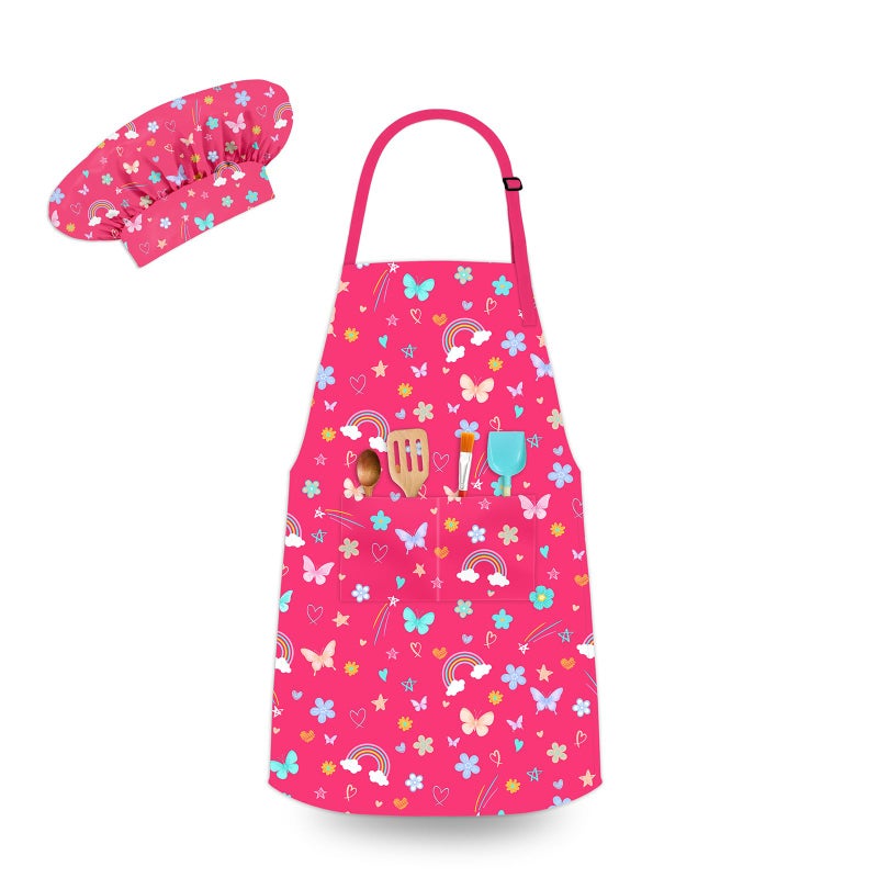 DEABOLAR Kids Chef Hat and Apron, Adjustable Kids Aprons with Pocket Girls Boys Kitchen Toddler Aprons for Cooking Baking - Image 1