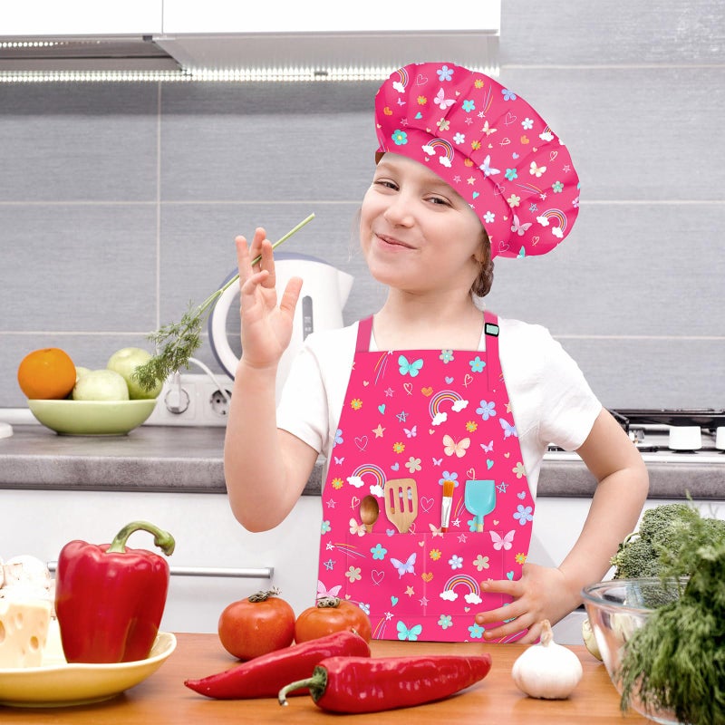 DEABOLAR Kids Chef Hat and Apron, Adjustable Kids Aprons with Pocket Girls Boys Kitchen Toddler Aprons for Cooking Baking - Image 3