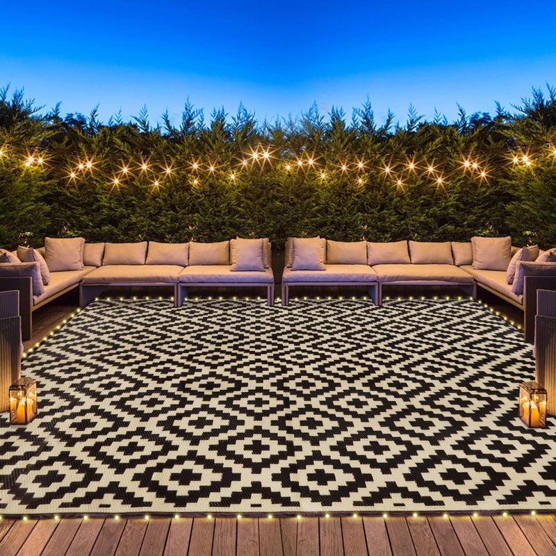 SAND MINE Reversible Mats with Led Strip Lights, Plastic Straw Rug, Modern Area Rug, Large Floor Mat for Outdoors, Patio, Backyard, Deck, Picnic, Camping, Black & Beige, 8' x 10' - Image 1