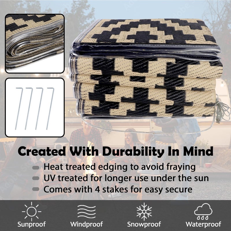 SAND MINE Reversible Mats with Led Strip Lights, Plastic Straw Rug, Modern Area Rug, Large Floor Mat for Outdoors, Patio, Backyard, Deck, Picnic, Camping, Black & Beige, 8' x 10' - Image 4