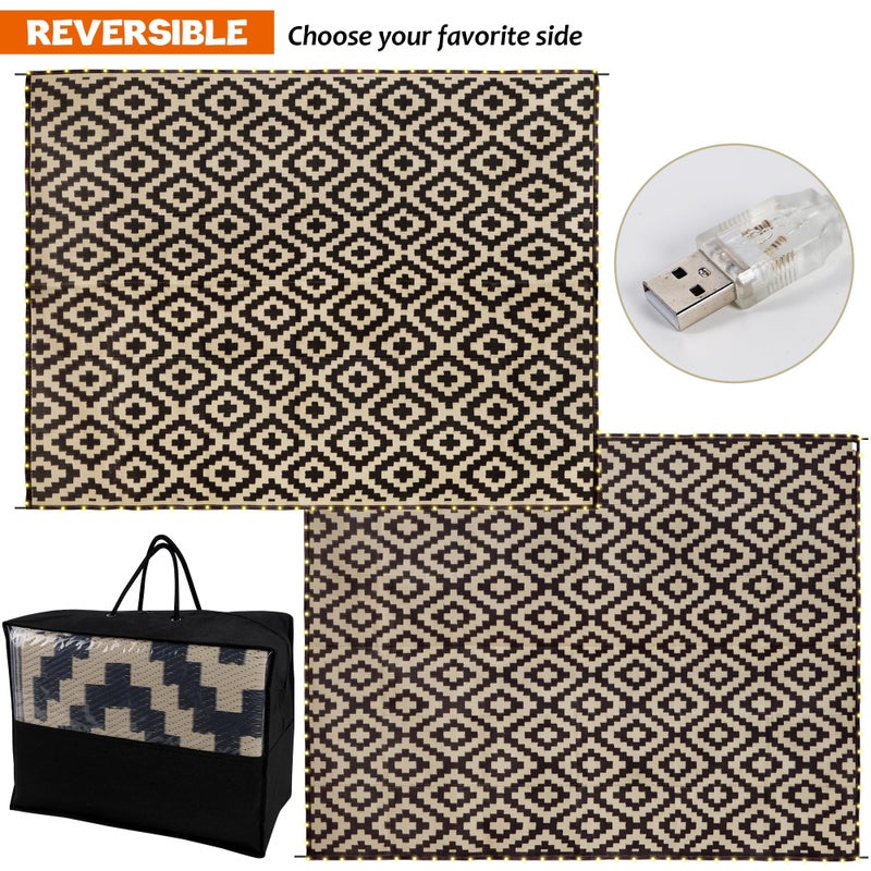 SAND MINE Reversible Mats with Led Strip Lights, Plastic Straw Rug, Modern Area Rug, Large Floor Mat for Outdoors, Patio, Backyard, Deck, Picnic, Camping, Black & Beige, 8' x 10' - Image 2