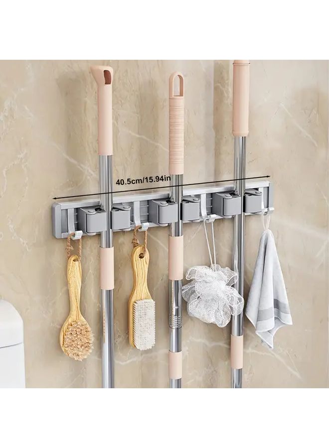 Heavy Duty Grey Metal Mop And Broom Holder With Adjustable Hooks Wall Mounted Storage - Image 2