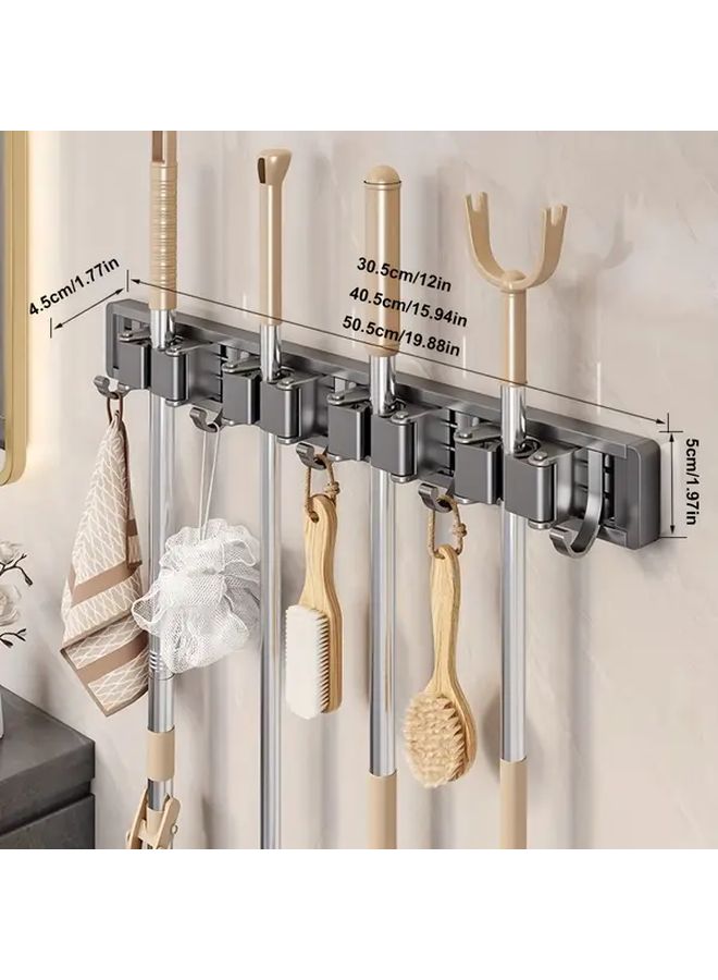 Heavy Duty Grey Metal Mop And Broom Holder With Adjustable Hooks Wall Mounted Storage - Image 3