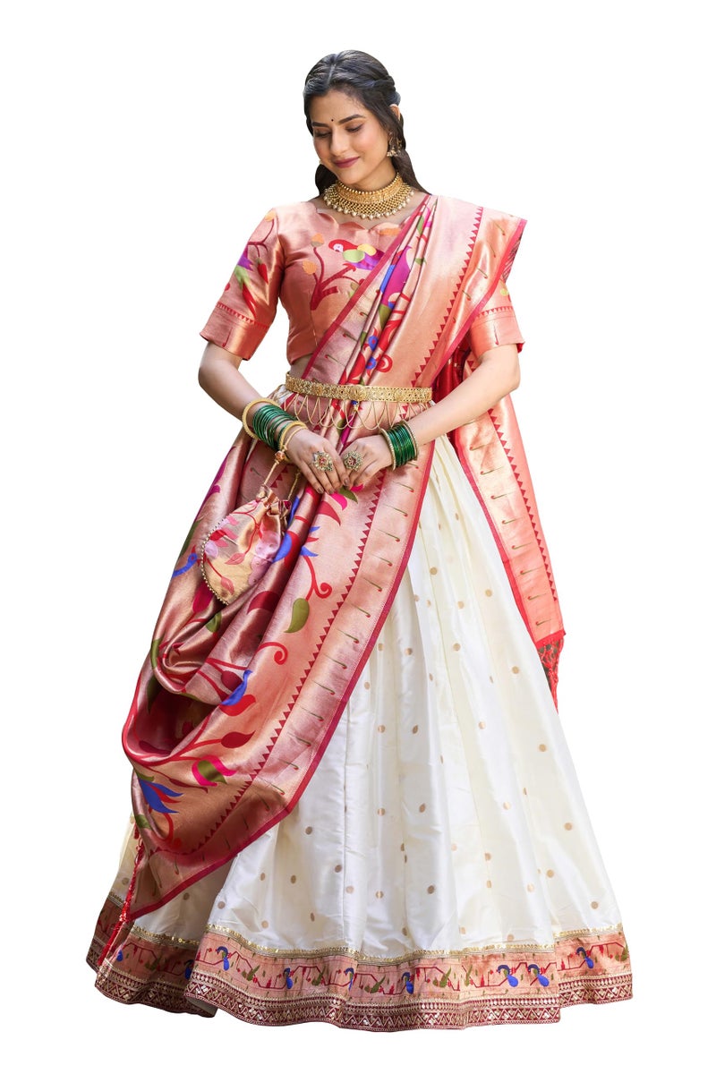 LooknBook Art Jacquard Silk With Weaving Zari Work Lehenga Choli (White) - Image 1