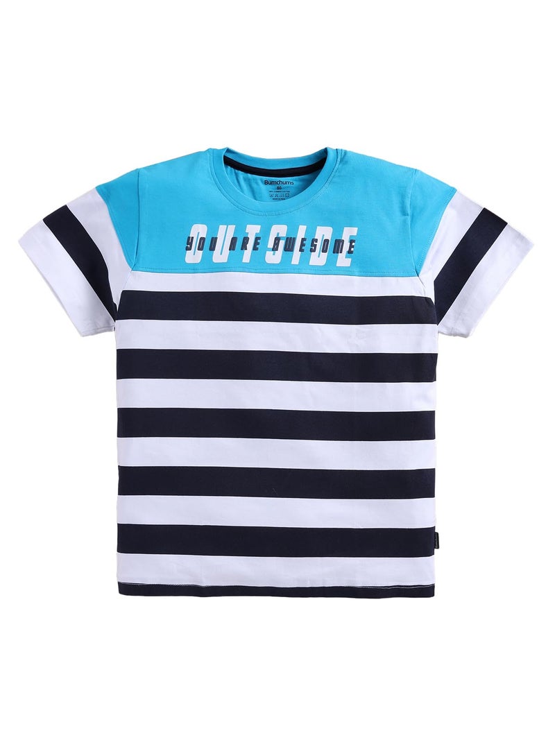 Bumchums Rupa Bumchums Casual Regular Fit Half Sleeve Round Neck T-Shirt for Kids, Boys, Striped Printed, Teal Blue, 10 Years - 11 Years - Image 1
