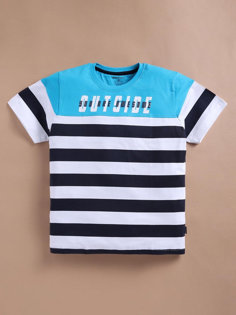 Bumchums Rupa Bumchums Casual Regular Fit Half Sleeve Round Neck T-Shirt for Kids, Boys, Striped Printed, Teal Blue, 10 Years - 11 Years - Image 3
