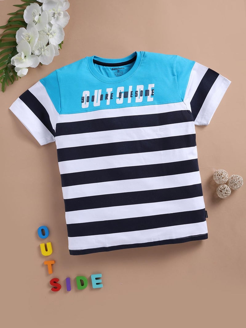 Bumchums Rupa Bumchums Casual Regular Fit Half Sleeve Round Neck T-Shirt for Kids, Boys, Striped Printed, Teal Blue, 10 Years - 11 Years - Image 2