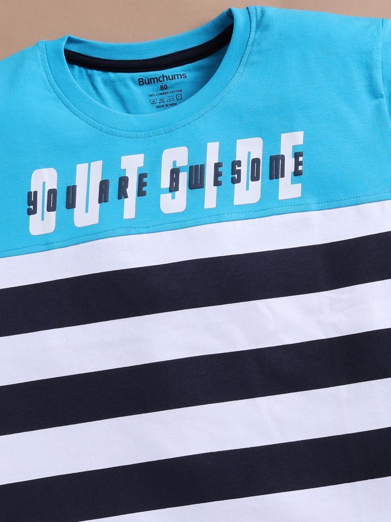 Bumchums Rupa Bumchums Casual Regular Fit Half Sleeve Round Neck T-Shirt for Kids, Boys, Striped Printed, Teal Blue, 10 Years - 11 Years - Image 5