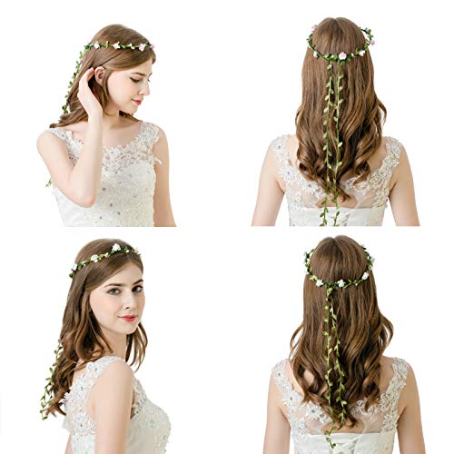 AWAYTR 2Pcs Fashion for Bohemian Style Wedding Bride Bridal Headdress Floral Flower Garland Headwear Headbands (Cream white+pink) - Image 5