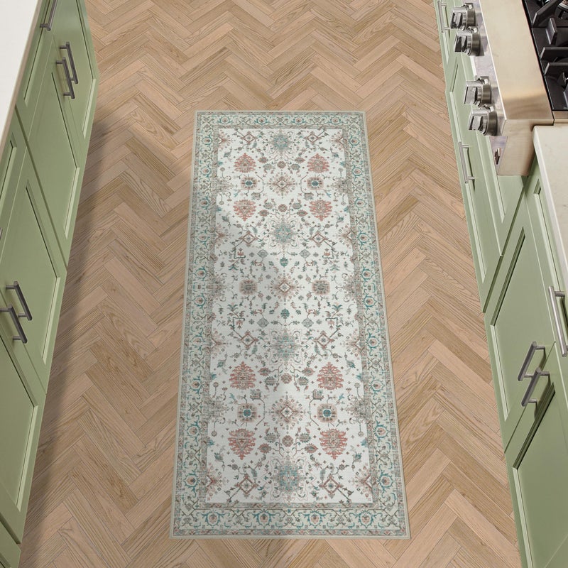 Laura Ashley Beige Aure Floral Machine Washable Slip Resistant 26 x 60 Runner Rug