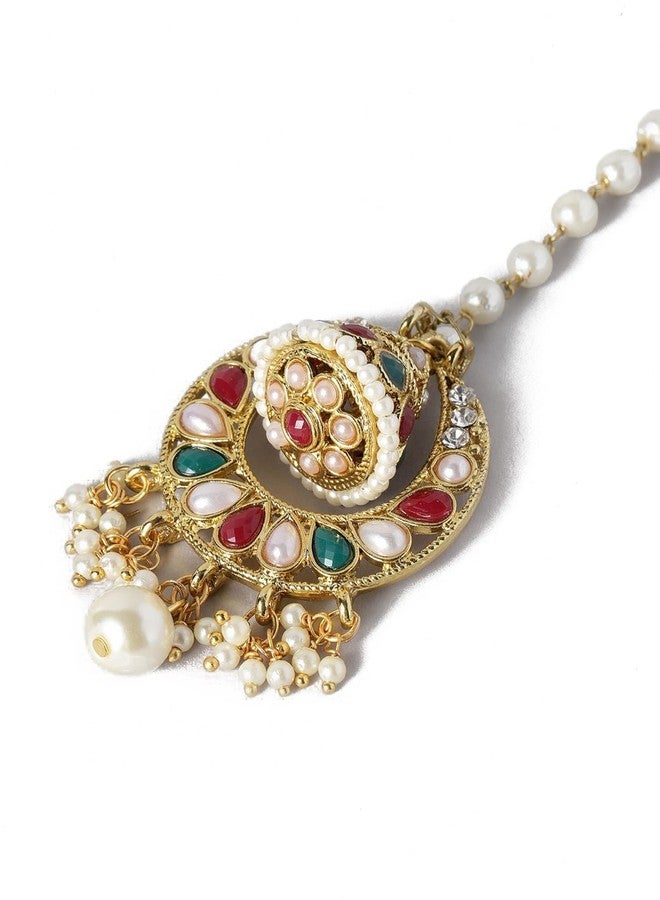 OOMPHelicious Jewellery Gold Tone Red Green Stones & Peals Jadau Ethnic Borla Maangtikka For Women & Girls Stylish Latest - Image 3
