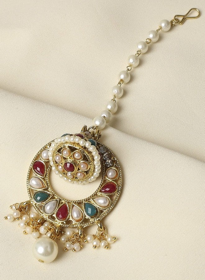 OOMPHelicious Jewellery Gold Tone Red Green Stones & Peals Jadau Ethnic Borla Maangtikka For Women & Girls Stylish Latest - Image 4