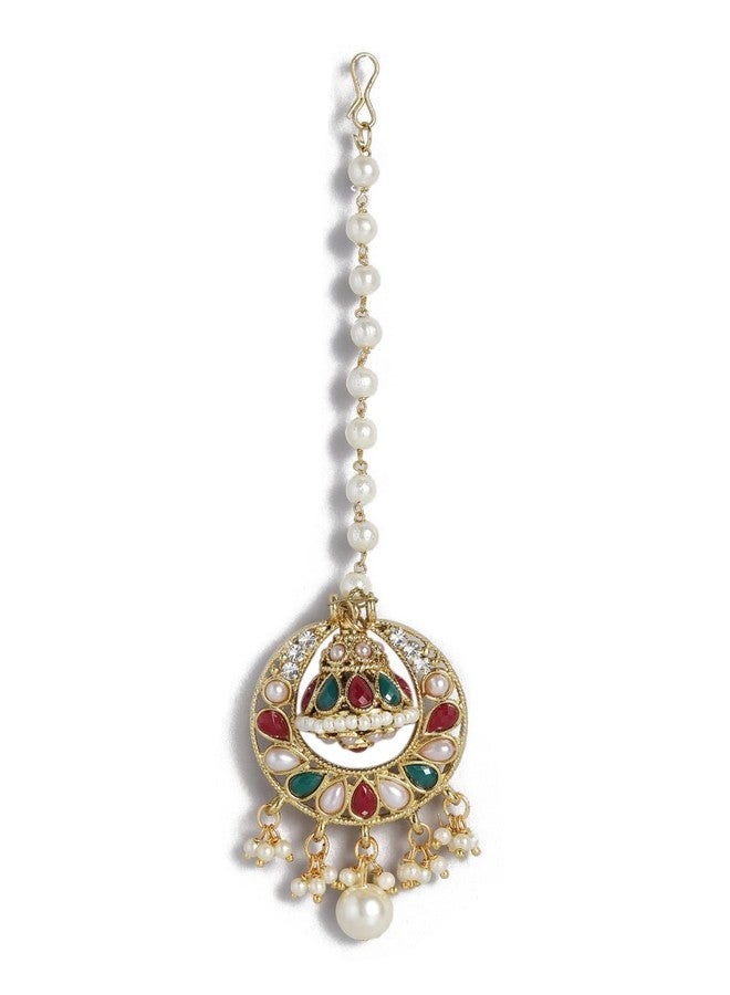 OOMPHelicious Jewellery Gold Tone Red Green Stones & Peals Jadau Ethnic Borla Maangtikka For Women & Girls Stylish Latest - Image 2