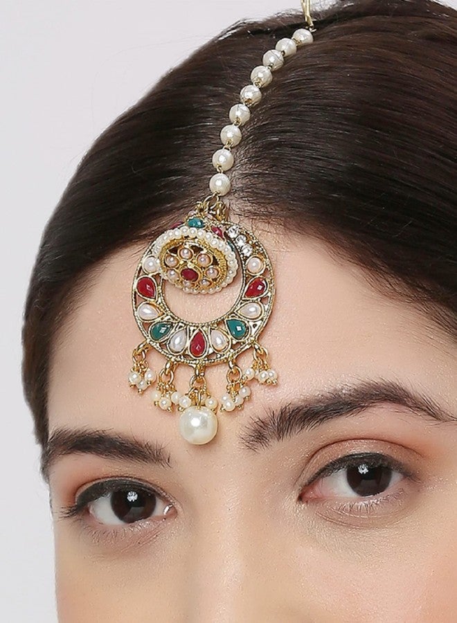 OOMPHelicious Jewellery Gold Tone Red Green Stones & Peals Jadau Ethnic Borla Maangtikka For Women & Girls Stylish Latest - Image 5