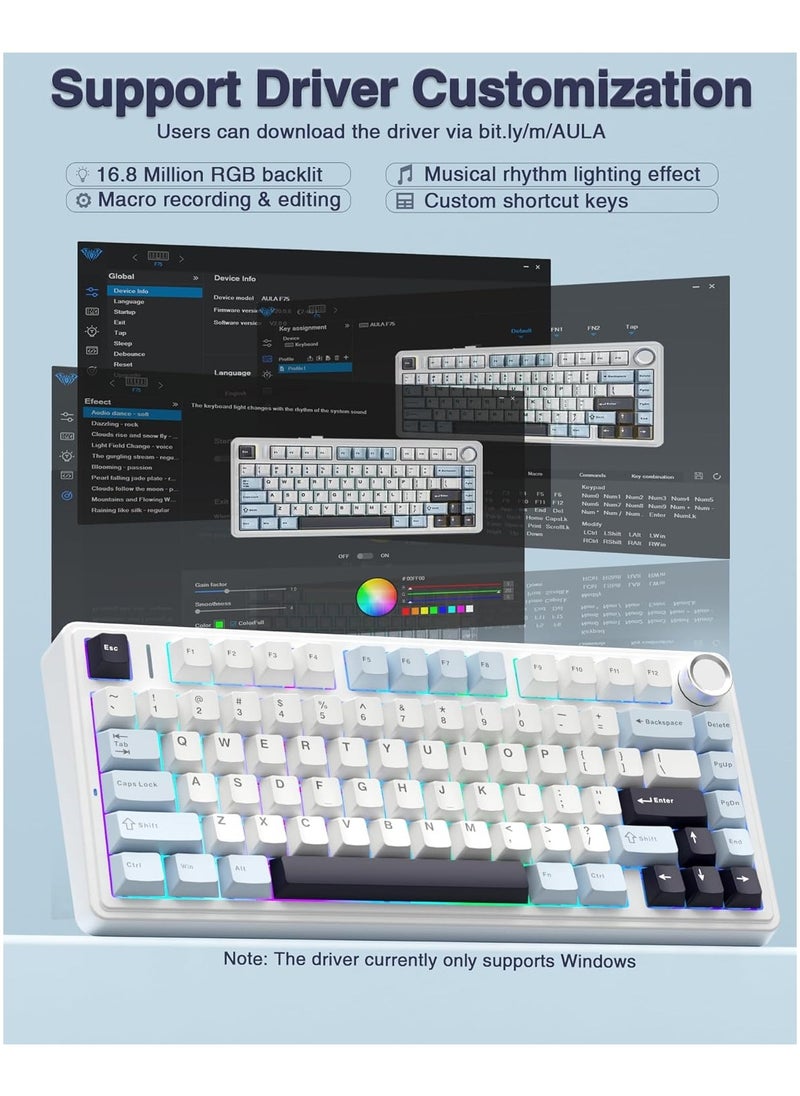 AULA - AULA F75 Wireless Mechanical Gaming Keyboard – 75% Compact Gasket Mount – Tri-Mode Bluetooth 5.0/2.4G/USB-C – Hot-Swappable LEOBOG Reaper Switches – RGB Backlit – Long Battery Life – Ultra-Fast Response for PC/Mac – (Light Blue) - Image 1