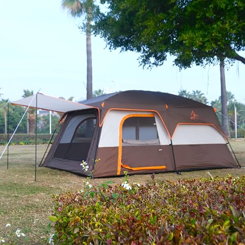 KTT Extra Large Tent 12 Person,Family Cabin Tents,2 Rooms,3 Doors and 3 Windows with Mesh,Straight Wall,Waterproof,Double Layer,Big Tent for Outdoor,Picnic,Camping,Family Gathering(Brown) - Image 4