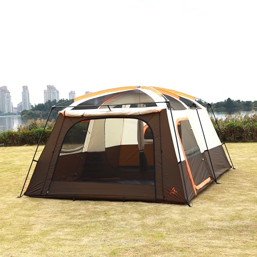 KTT Extra Large Tent 12 Person,Family Cabin Tents,2 Rooms,3 Doors and 3 Windows with Mesh,Straight Wall,Waterproof,Double Layer,Big Tent for Outdoor,Picnic,Camping,Family Gathering(Brown) - Image 2