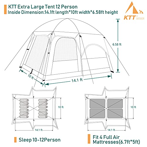 KTT Extra Large Tent 12 Person,Family Cabin Tents,2 Rooms,3 Doors and 3 Windows with Mesh,Straight Wall,Waterproof,Double Layer,Big Tent for Outdoor,Picnic,Camping,Family Gathering(Brown) - Image 5