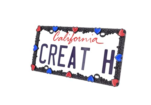 Creathome 3D Daisy Heart License Plate Frame from Pure Zinc Alloy Metal Perfect Plate Holder Matt Black Daisy with Red and Blue Reflective Heart - Image 1