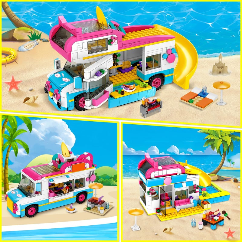HOGOKIDS 3in1 Girls Camper Van Building Set  494PCS Summer Beach Camping Building Blocks Sets  Food Truck Toys with Slide and Stickers  Easter Gifts for Girls Boys Age 6 7 8 9 10 11 12 - Image 3