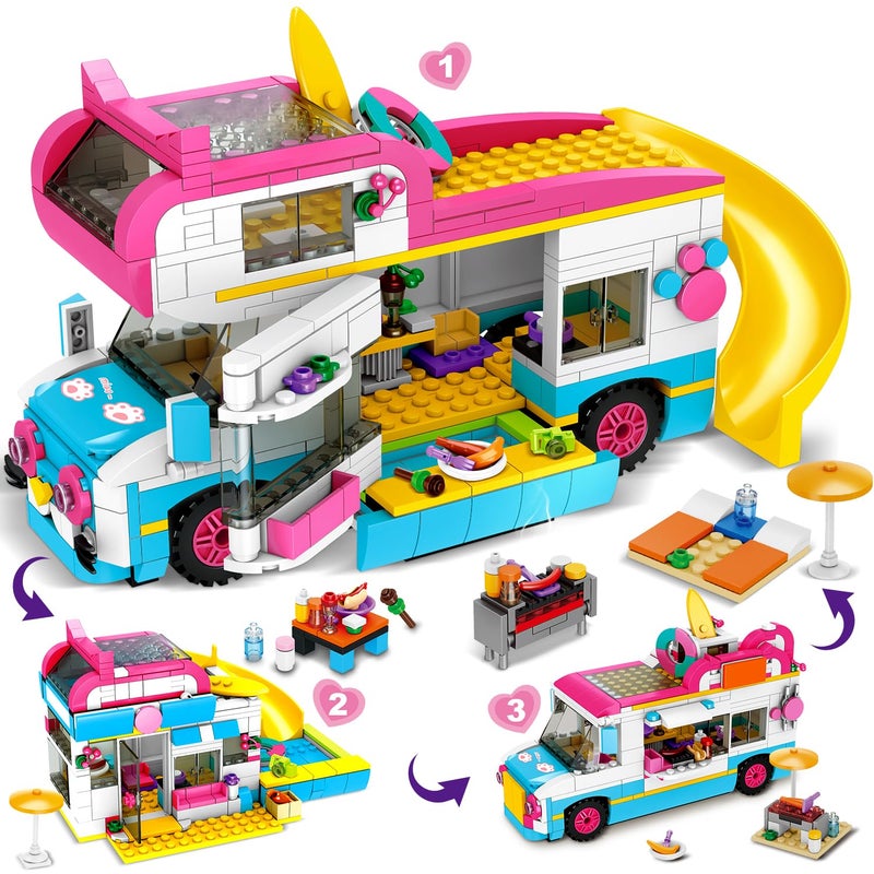 HOGOKIDS 3in1 Girls Camper Van Building Set  494PCS Summer Beach Camping Building Blocks Sets  Food Truck Toys with Slide and Stickers  Easter Gifts for Girls Boys Age 6 7 8 9 10 11 12 - Image 2