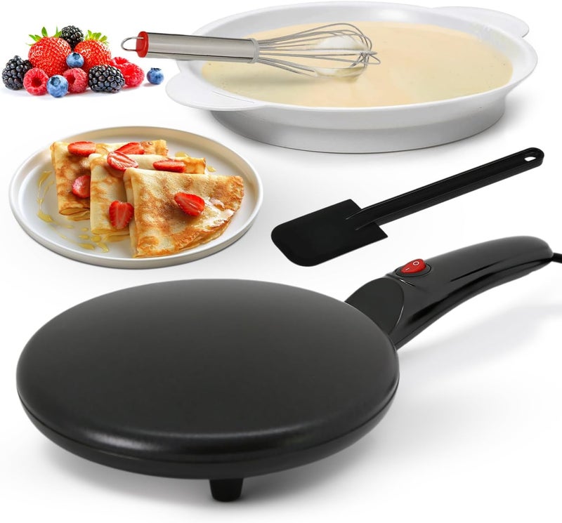 NutriChef صانعة الكريب الكهربائية | سطح طهي غير لاصق بحجم 8 بوصات مع مفتاح تشغيل/إيقاف | تطبخ الروتي، التورتيلا والفطائر | تحكم تلقائي في درجة الحرارة ومقبض بارد اللمس | تشمل وعاء الطعام، خفاقة ومجرفة - Image 1