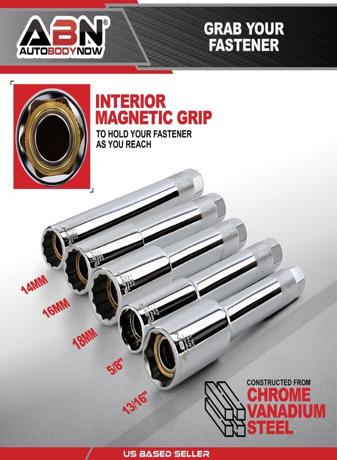 أبن مجموعة مقابس عميقة للغاية من ABN، 5 قطع - مقابس عميقة Cr-V بمقبض مغناطيسي 3/8 بوصة - 6 نقاط 5/8 و13/16 بوصة - 12 نقطة 14 و16 و18 مم - Image 4